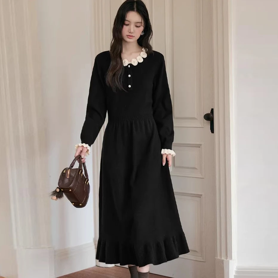 12.28早预告款冬季新款赫本风气质百搭黑色针织连衣裙 NTS683469