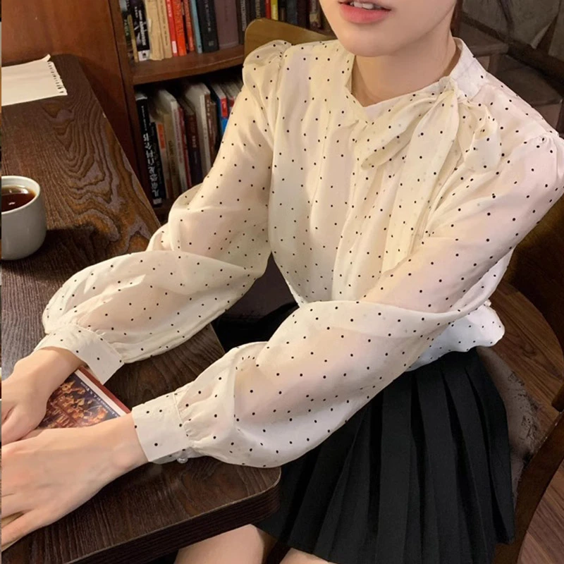 设计感春季法式复古雪纺白色波点衬衫女2025新款蝴蝶结长袖衬衣上