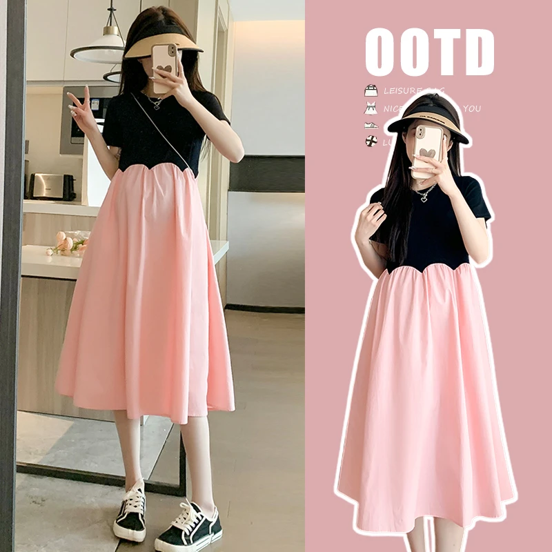 懒洋洋~小个子时尚夏装新款短袖时尚拼接撞色显瘦孕妇连衣裙