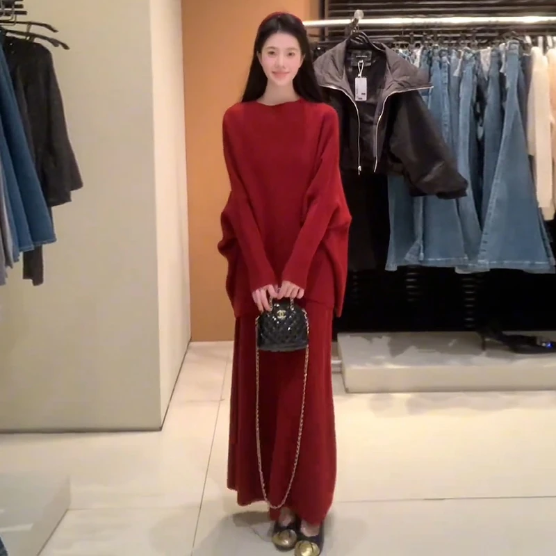 时尚毛衣套装女秋冬新款洋气不规则宽松蝙蝠袖针织衫半身裙两件套