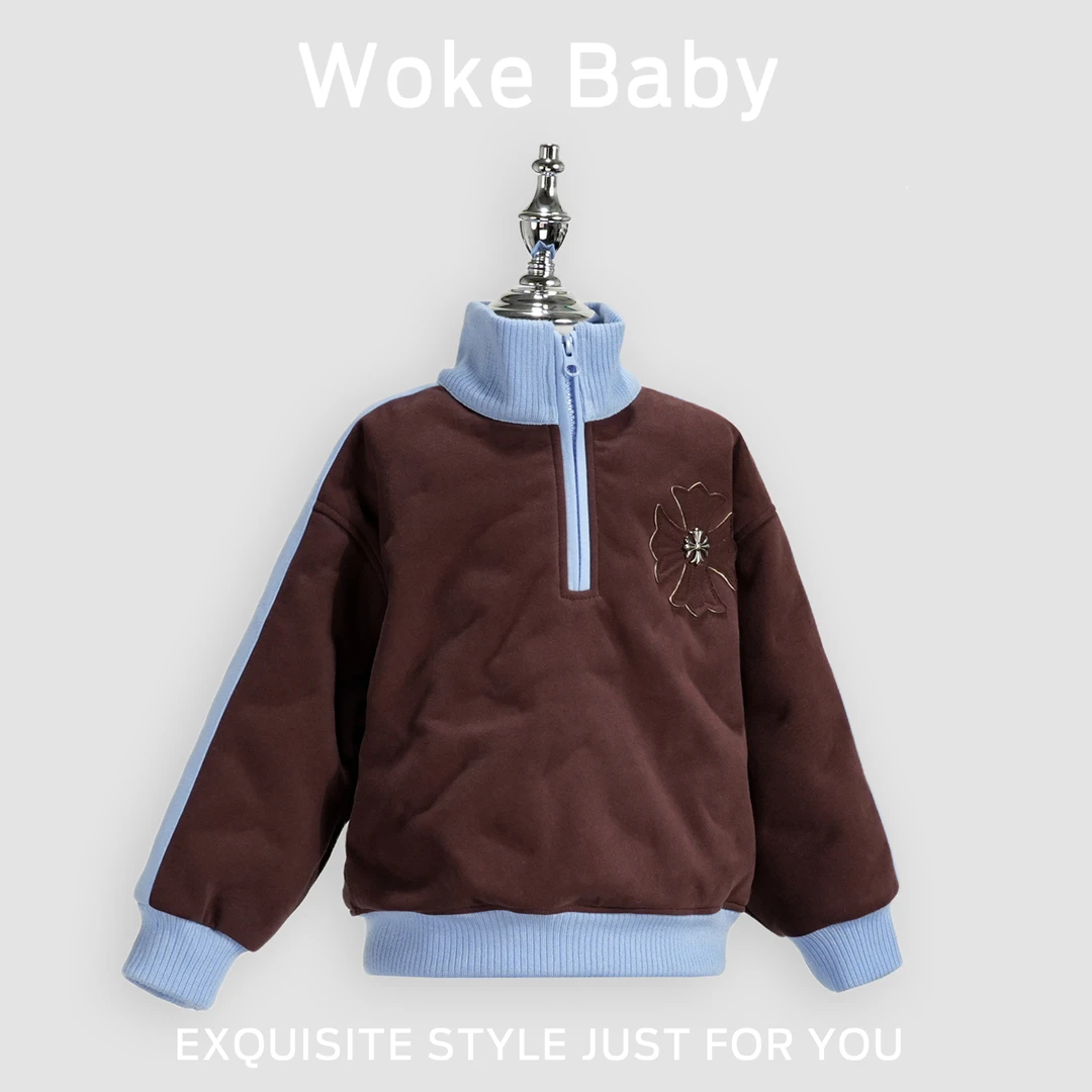 女童秋冬设计感半拉链加绒加厚卫衣休闲宽松上衣汉服W5013