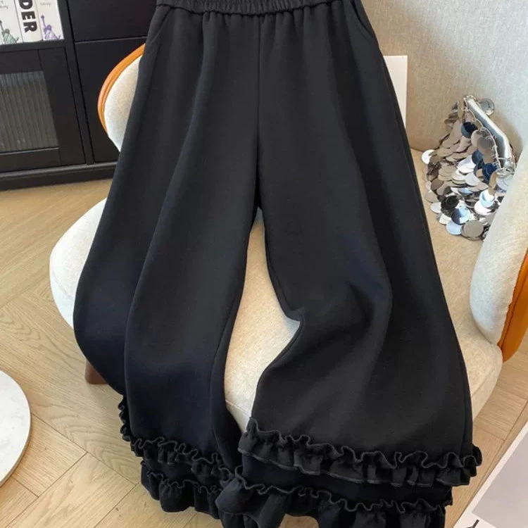 300斤特大码难赚夏季设计感木耳边直筒裤高腰梨形身材宽松阔腿裤