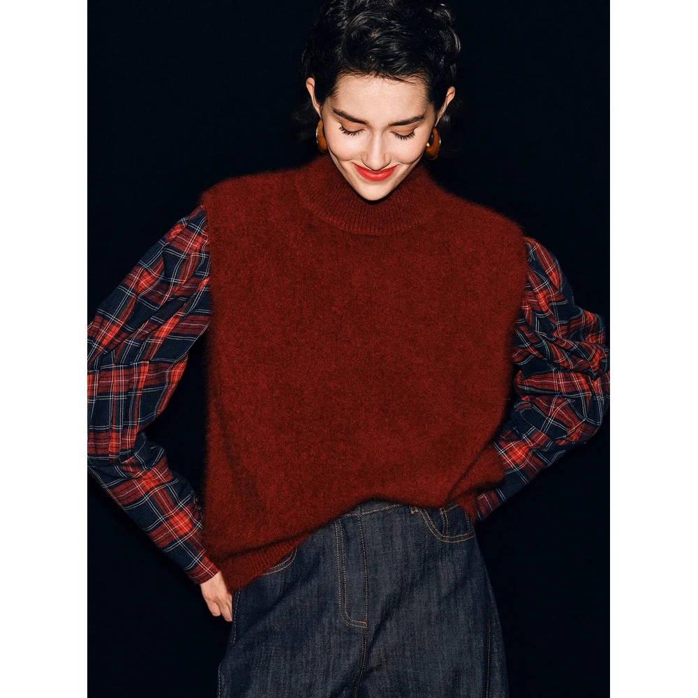 法式复古酒红色高领针织马甲背心女春秋叠穿外搭坎肩无袖马夹上衣