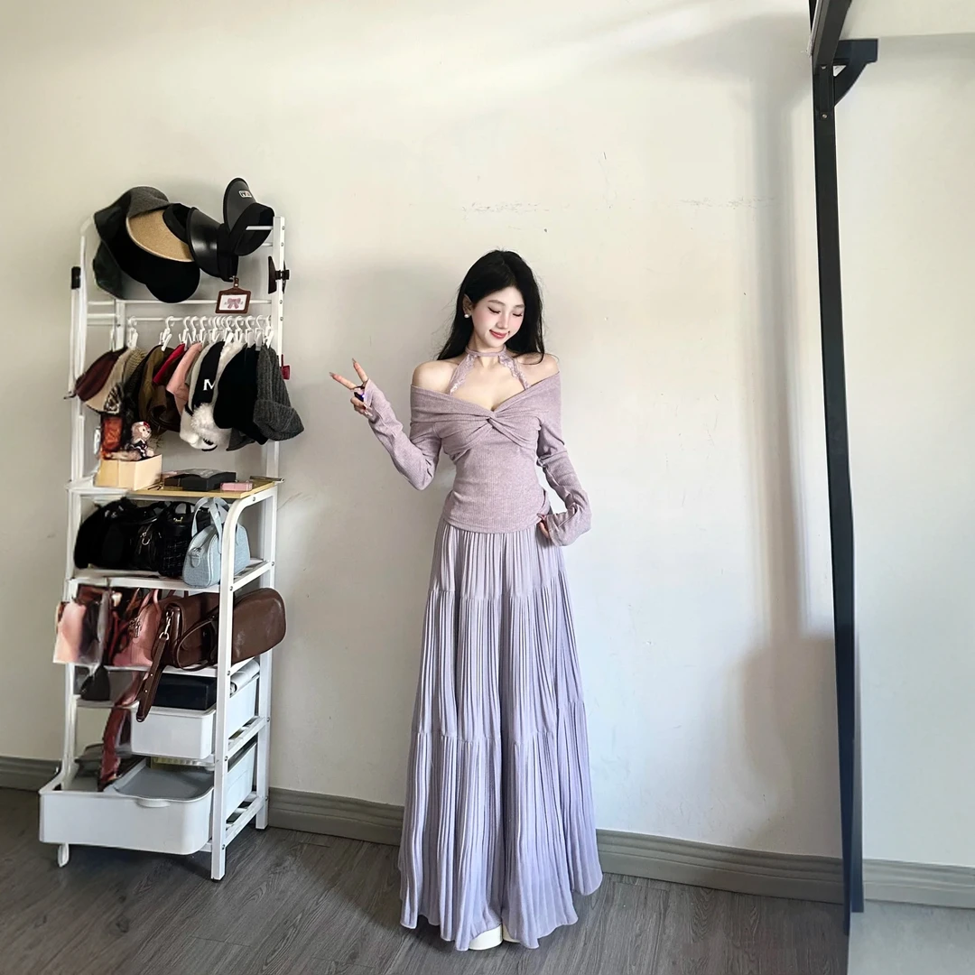 法式紫色纯欲风挂脖长袖针织衫显瘦露肩上衣高腰半身裙子两件套女