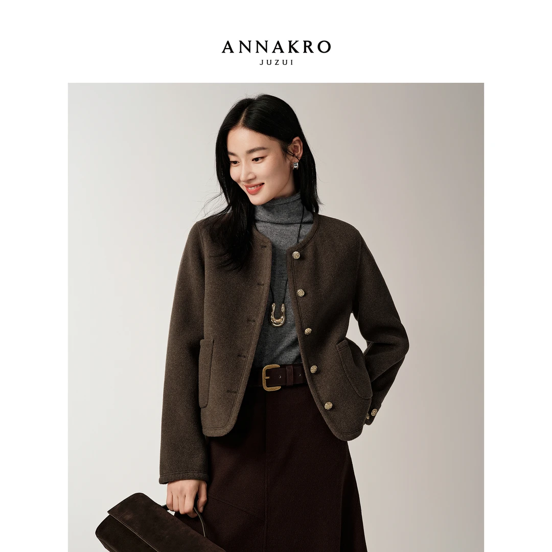 玖姿安娜蔻短大衣双面呢女2025冬季新款单排扣圆领羊毛KWFD72311