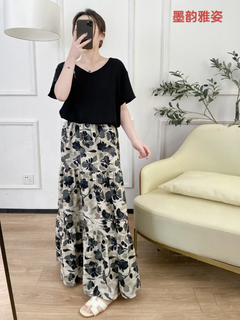 棉绸半身裙碎花裙子中长款蛋糕半裙气质显瘦时尚印花薄款高腰长裙