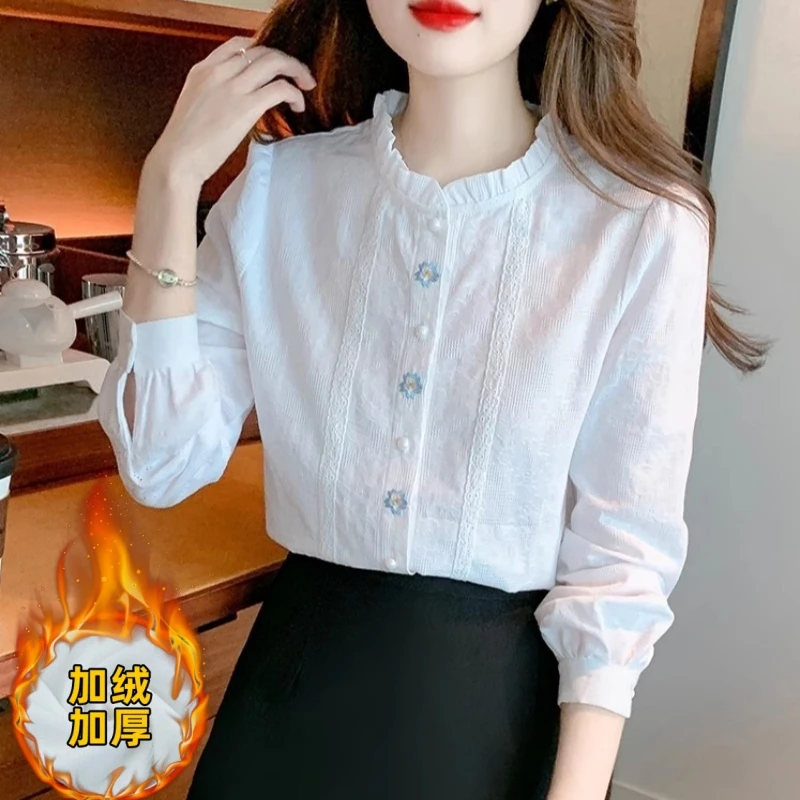 100%纯棉2025春秋季新款女装木耳领衬衫洋气全棉提花刺绣加绒上衣