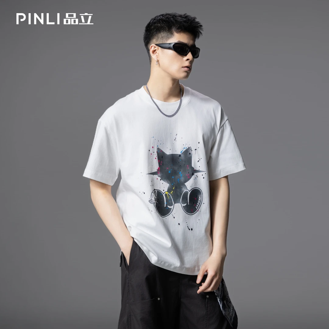 PINLI品立夏季男士宽松短袖T恤美式卡通印花休闲上衣GD252111318