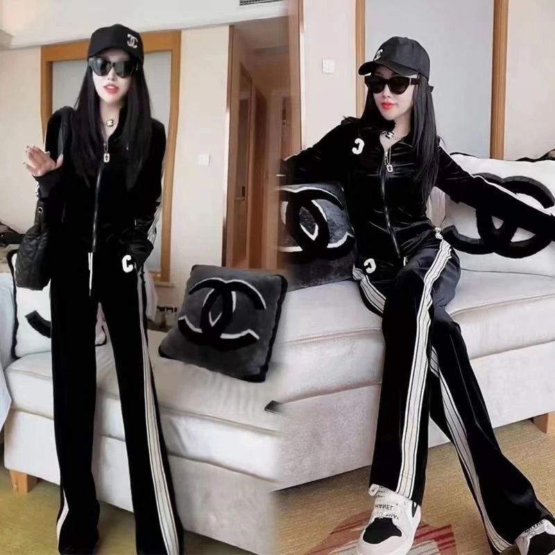 金丝绒休闲运动套装女2025春秋季新款时尚外套阔腿裤两件套