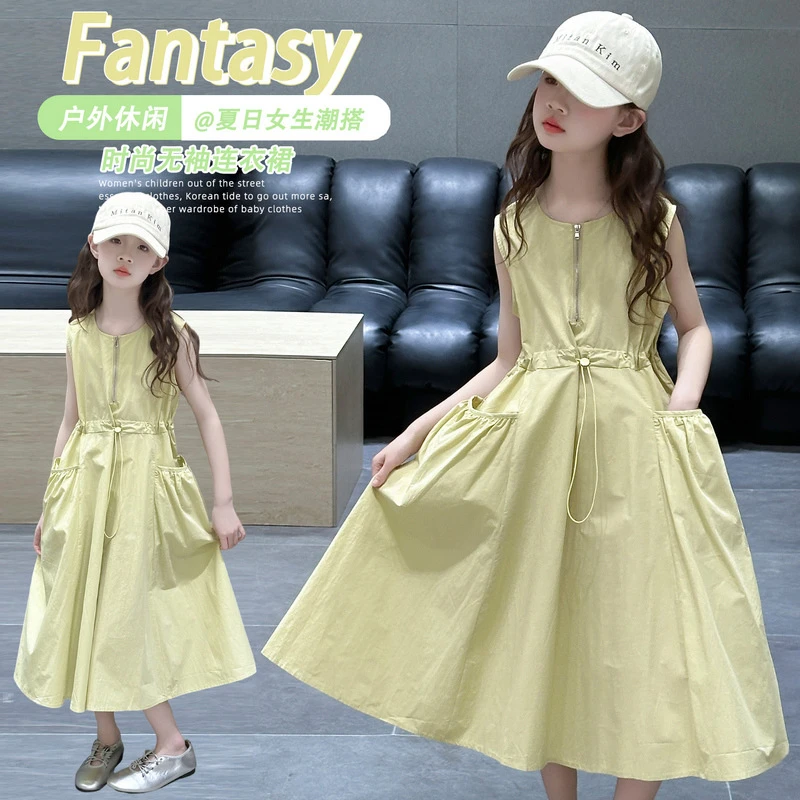 夏季无袖连衣裙新款夏洋气收腰女中大童韩系棉布裙子