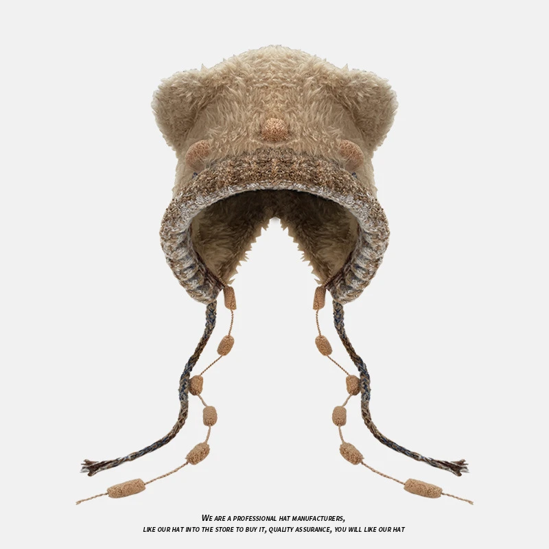 雷锋帽女秋冬日系保暖小熊毛绒帽可爱加厚时尚显脸小套头针织帽子
