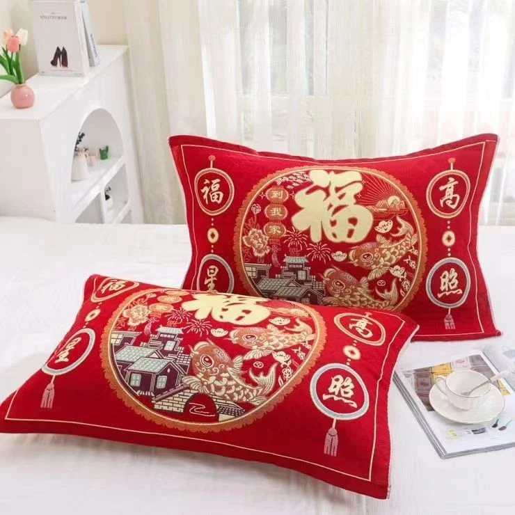 新年百福红色枕巾家用纱布枕头巾国潮枕巾喜庆大红色中式福字