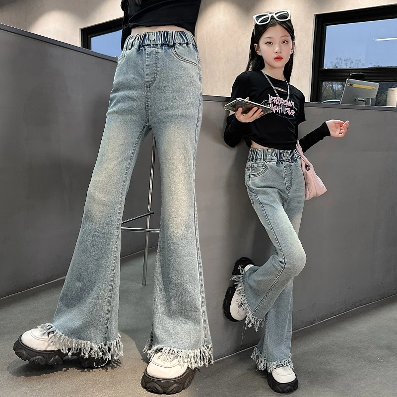 女童喇叭裤春秋款2025新款儿童流苏马蹄裤子女大童牛仔微喇裤洋气
