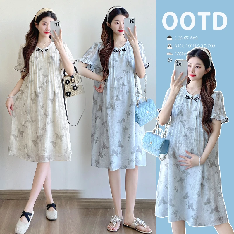 2025新中式孕妇连衣裙夏季国风蝴蝶印花夏装新款中长款时尚遮肚裙