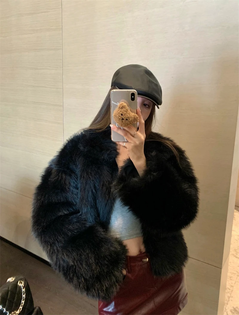 富家千金翻领短款外套女冬季皮毛一体高级感时尚开衫拉链毛毛上衣