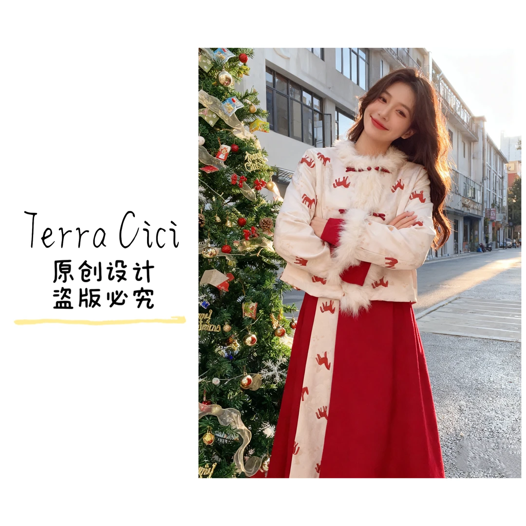 「马上有钱」新年战袍秋冬新款南油小香风外套半裙羽绒圣诞套装817#
