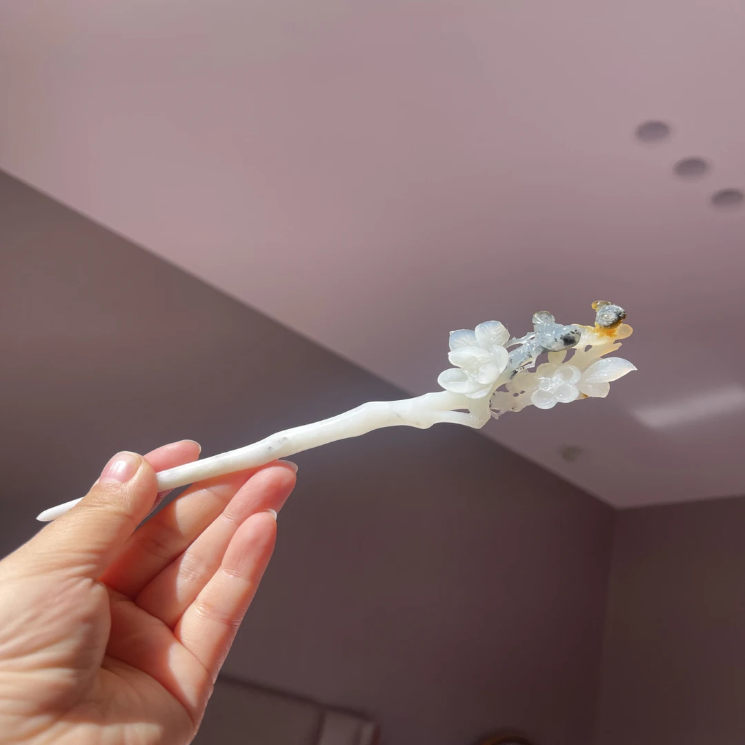 天然岫玉，俏色梅花喜鹊，喜上眉梢发簪，总长20入发13.5