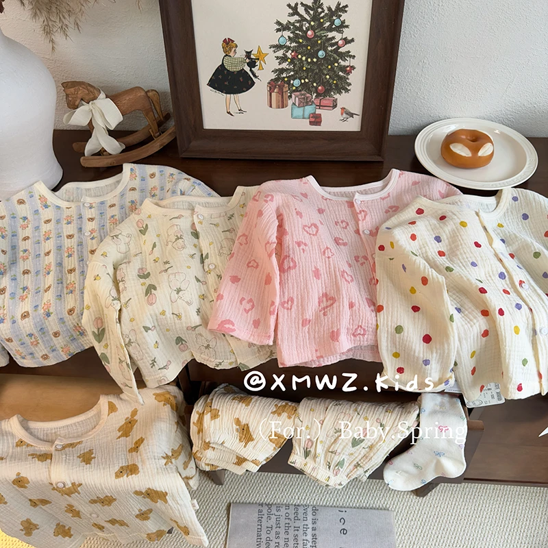 童装2025春夏新款宝宝全棉双层棉纱家居服套装儿童长袖睡衣两件套