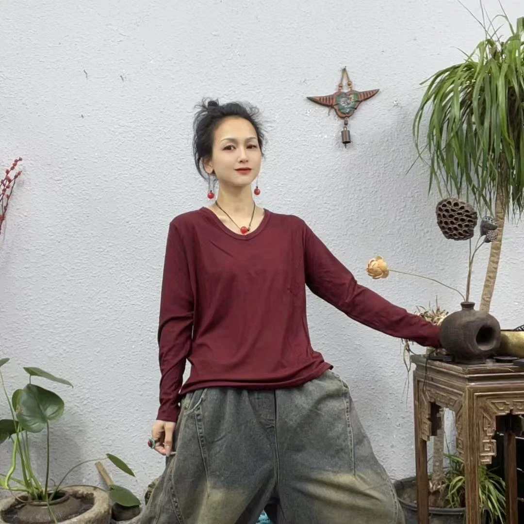 5806细纹棉V领长袖T上衣（长60胸围112-160