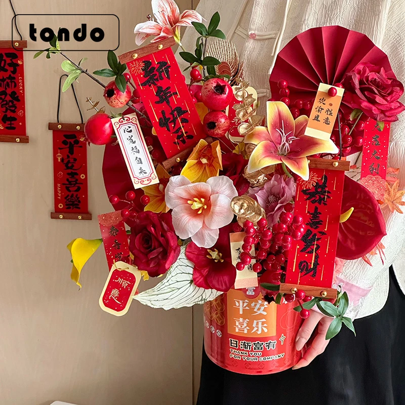 2025蛇年春节年宵花福桶材料包发财果红果客厅摆件过年喜庆用品