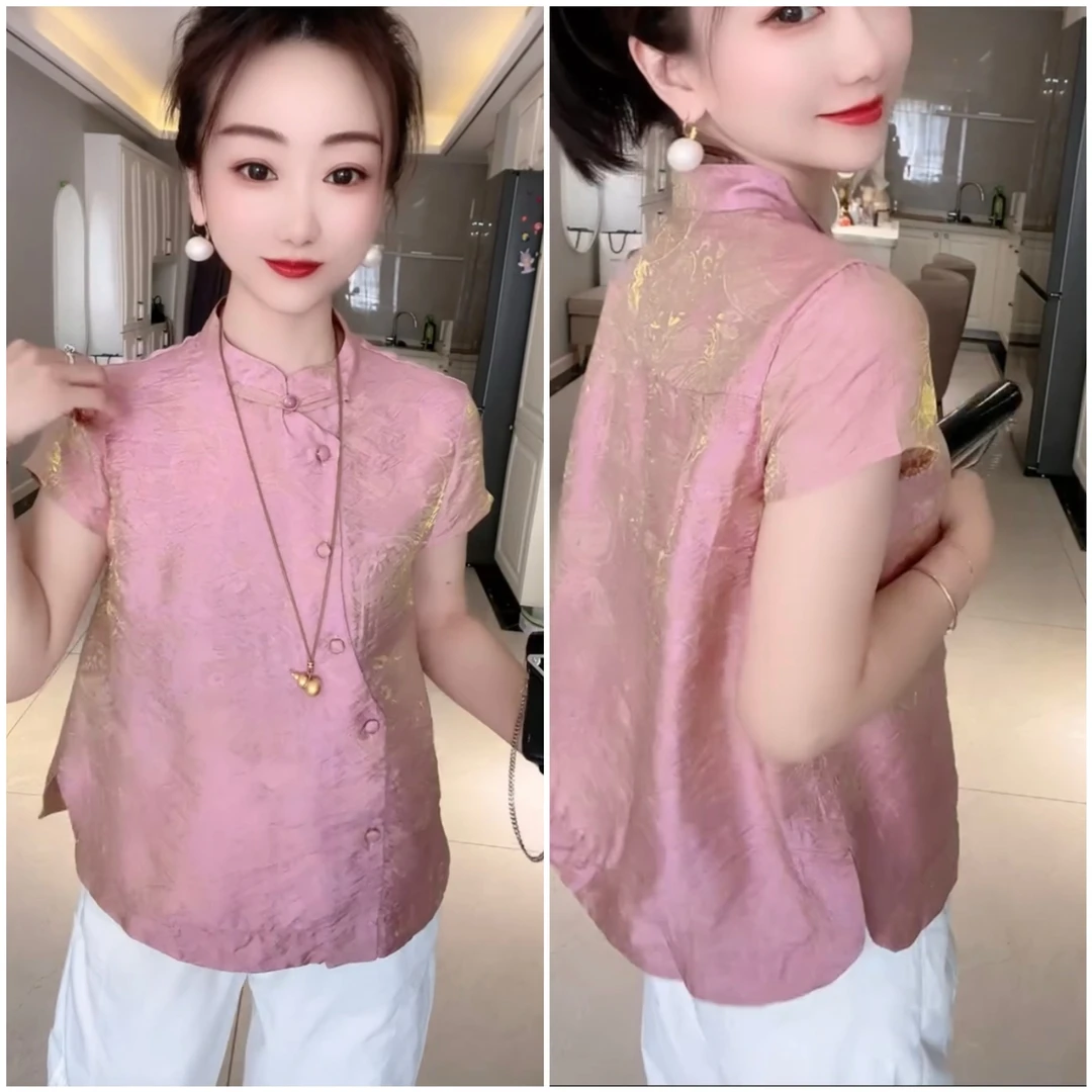 夏季新款洋气舒适亲肤国风优雅提花女士百搭上衣小衫衬衫短袖T恤