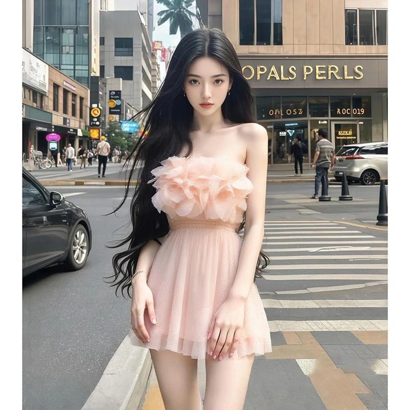 甜美风抹胸性感时尚一字肩法式裙子25年夏季立体花朵收腰连衣裙女