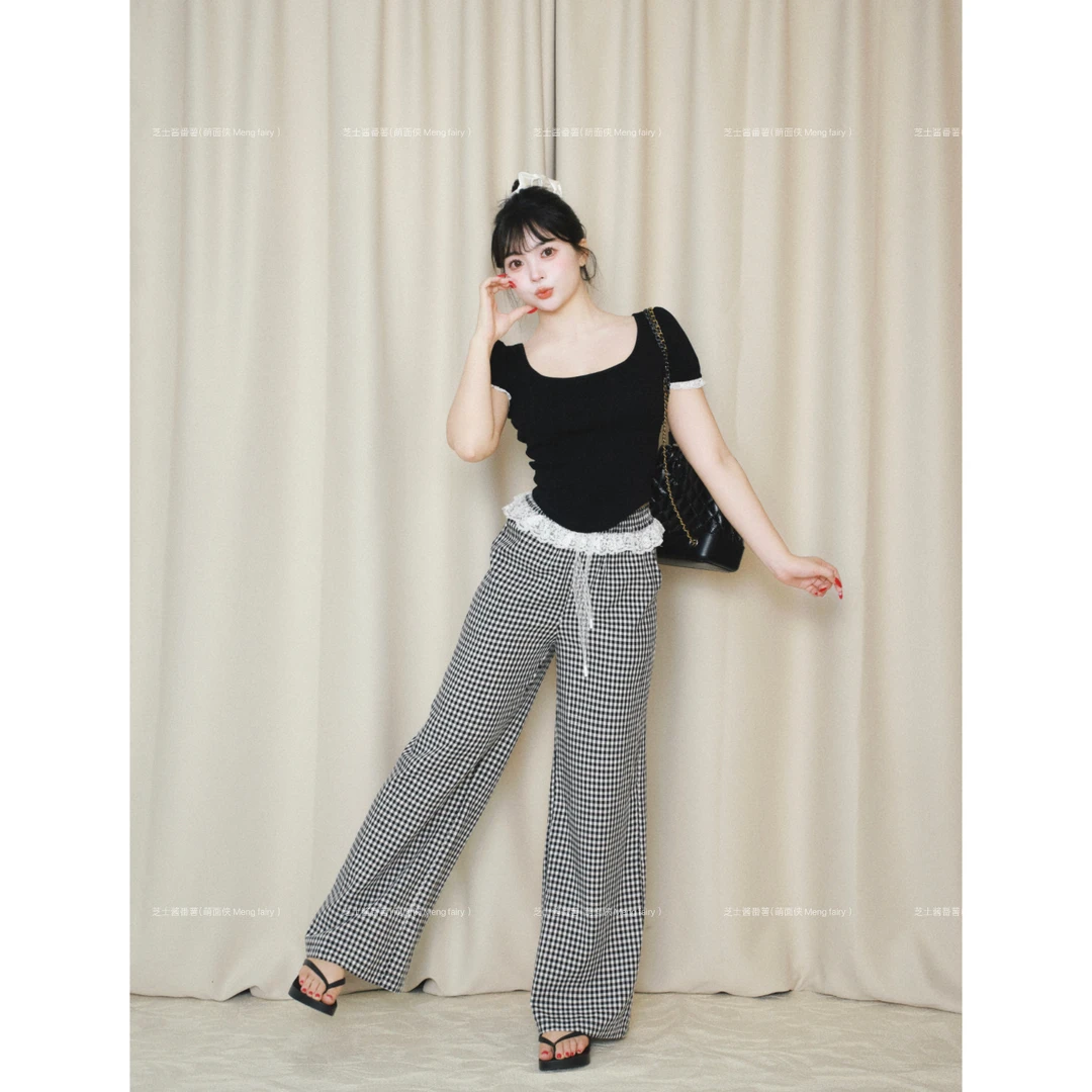 萌面侠 现货【天菜格子裤】棉质黑白格子长裤韩系春游出行衣服6054