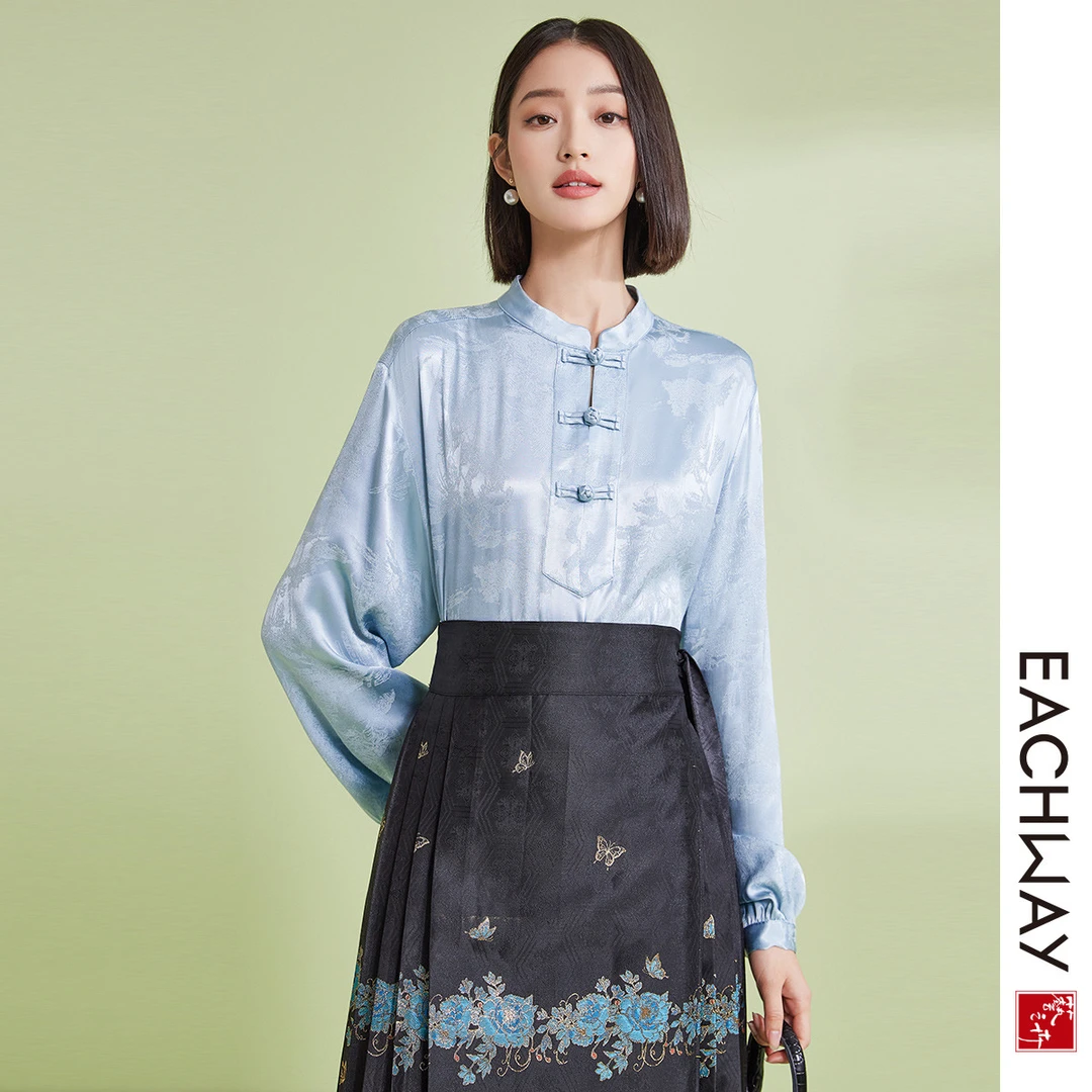 【新中式缎面提花】秋季国风立领衬衫女垂感亲肤宽松上衣