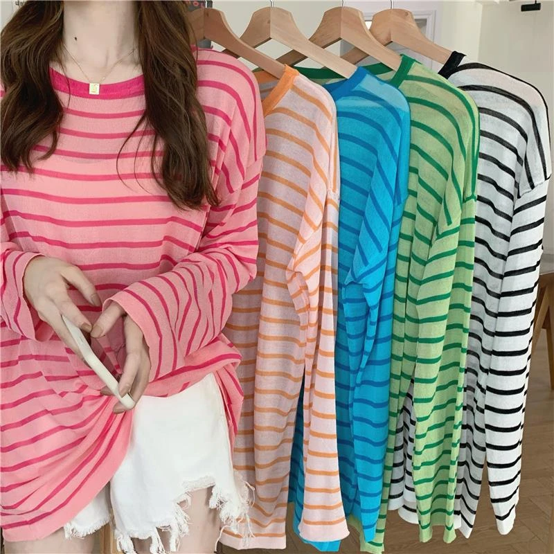 防晒衣女长袖秋季薄款2025新款透气条纹罩衫冰感针织空调衫上衣服