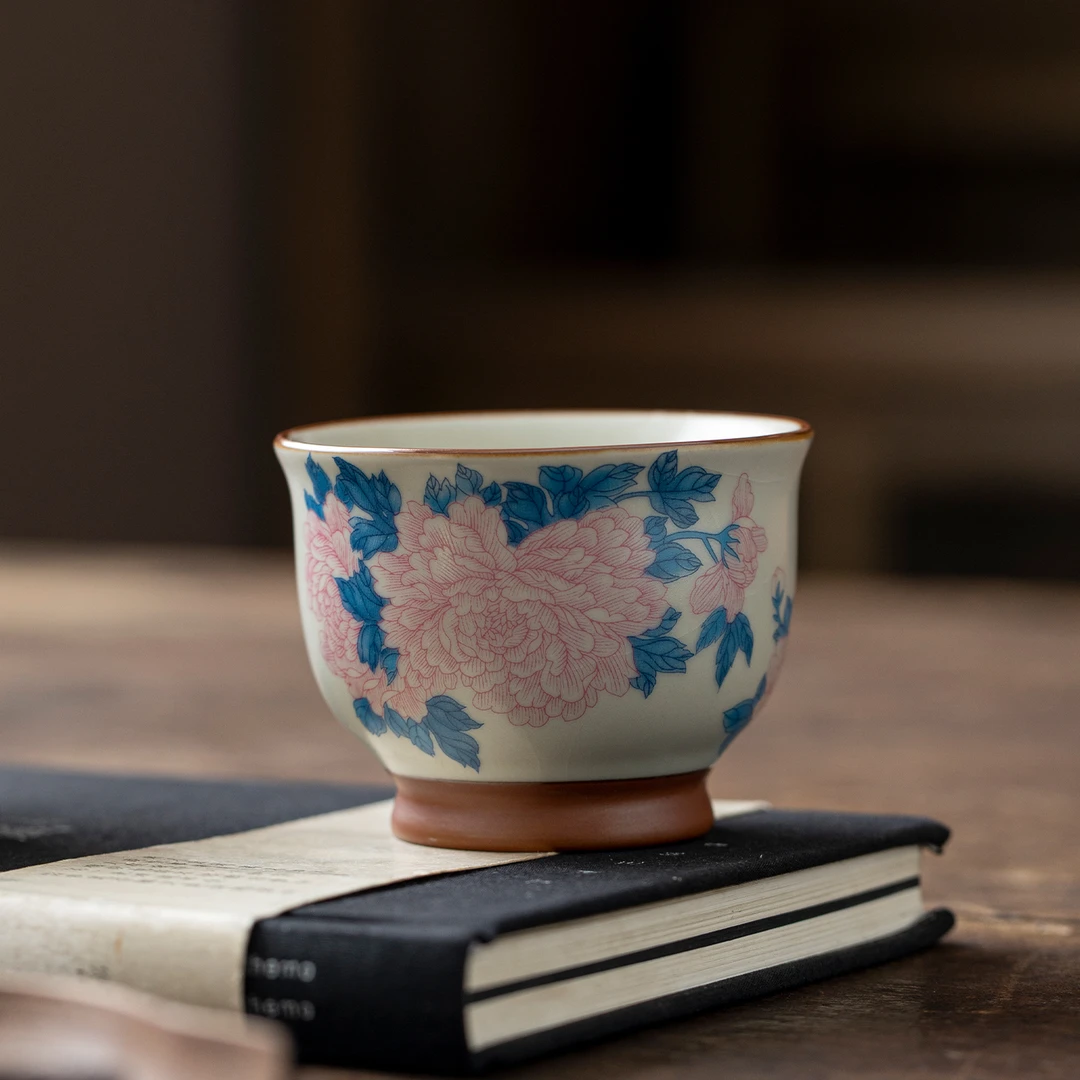 汝窑牡丹花主人杯米黄家用茶盏个人专用泡茶杯陶瓷品茗杯功夫茶具