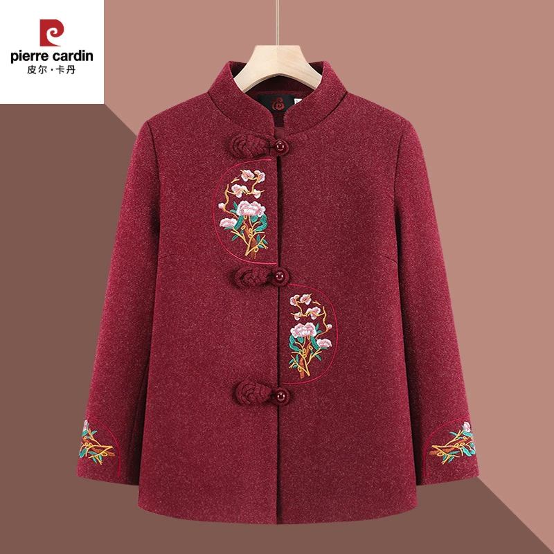 皮尔卡丹奶奶秋冬唐装毛呢外套中老年人生日衣服女70岁80太太妈妈