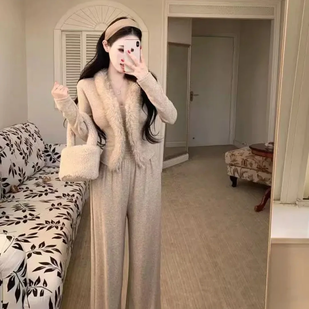 【南希家】老钱高级名媛毛毛领收腰上衣搭配直筒裤套装