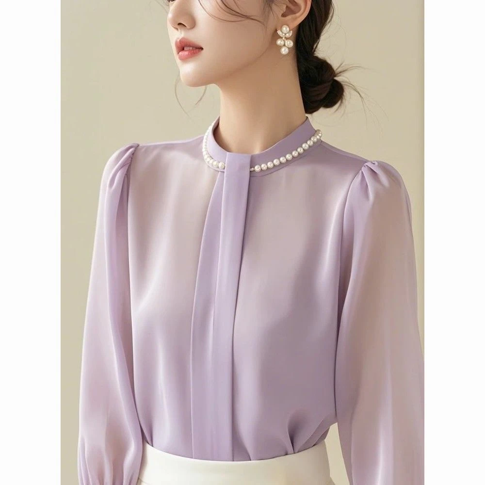 法式轻奢紫色长袖雪纺衬衫女设计感小众早秋独特别致小衫绝美上衣