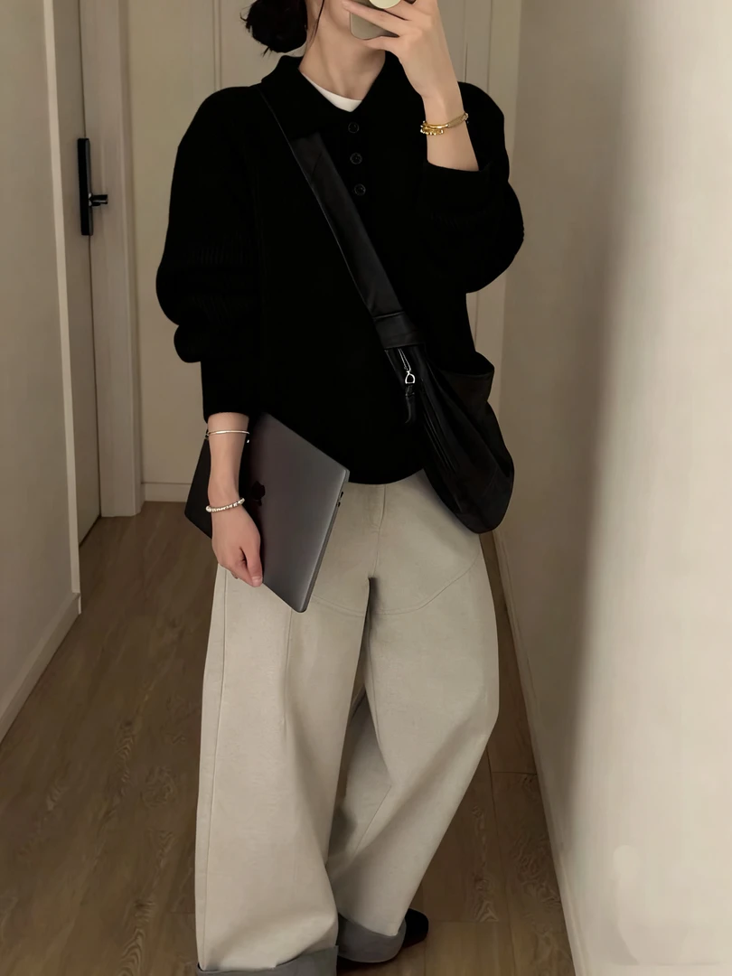 【5Q4083~毛衣】翻领针织衫纯色休闲POLO毛衣宽宽松慵懒风