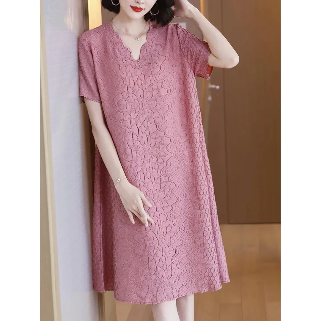气质妈妈重工压花大码洋气连衣裙夏季薄款时尚短袖宽松显瘦舒适裙