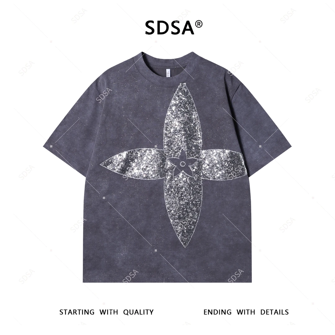 SDSA夏季新款男士痞帅潮牌满天星亮片十字设计圆领短袖T恤时尚潮