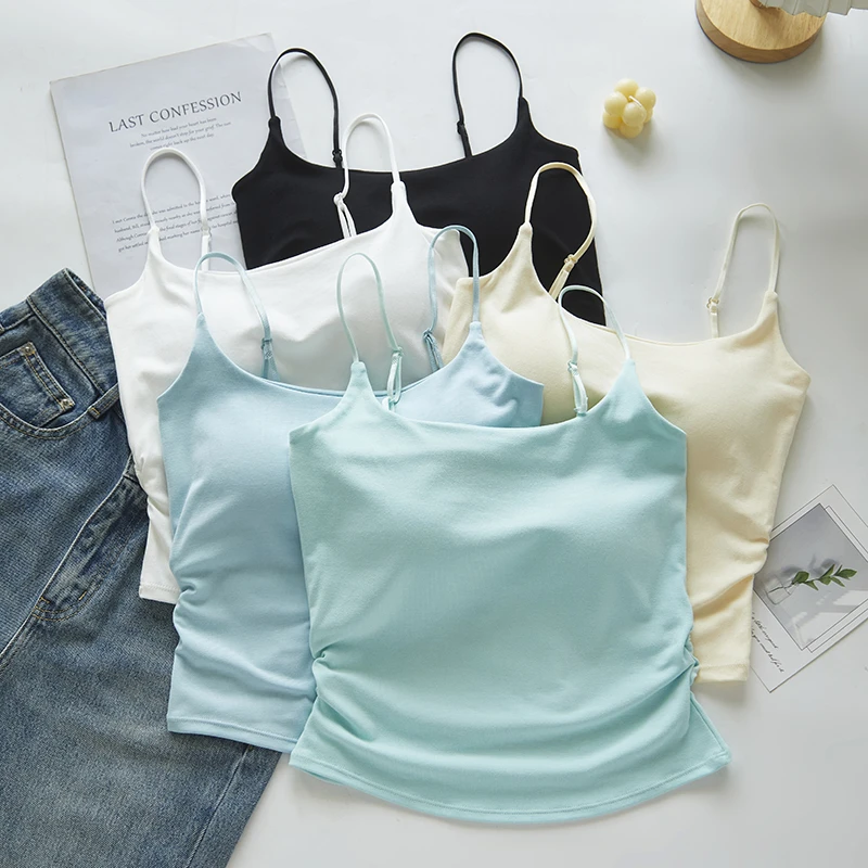 wan能打底！纯欲褶皱女小清新设计感穿搭内搭带胸垫打底上衣夏