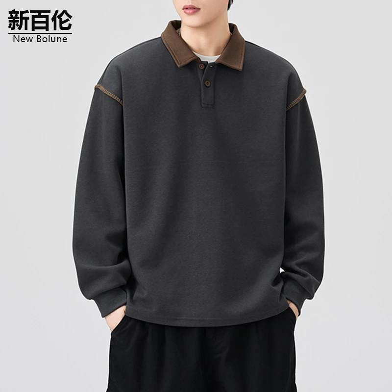 新百伦/NEW BOLUNE美式复古卫衣男秋冬新款POLO领潮流拼接上衣