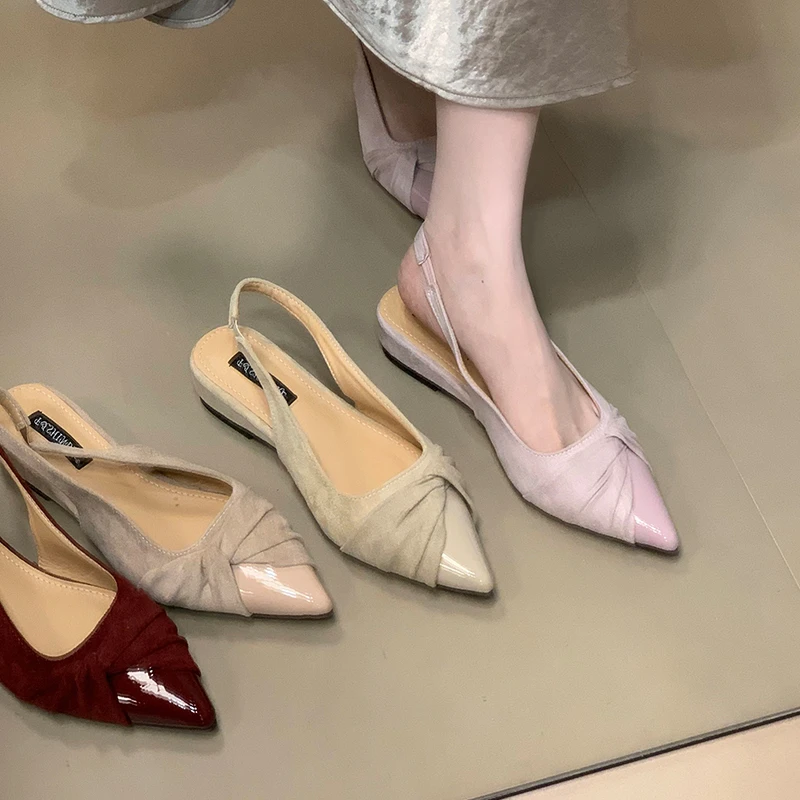 尖头气质扭结设计感坡跟时装凉鞋后绊带温柔紫色包头凉鞋