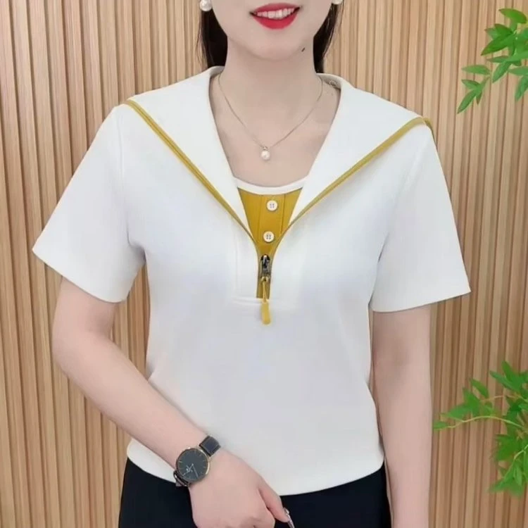 假两件海军领半拉链短袖上衣女春夏款洋气时尚设计感小衫休闲上衣