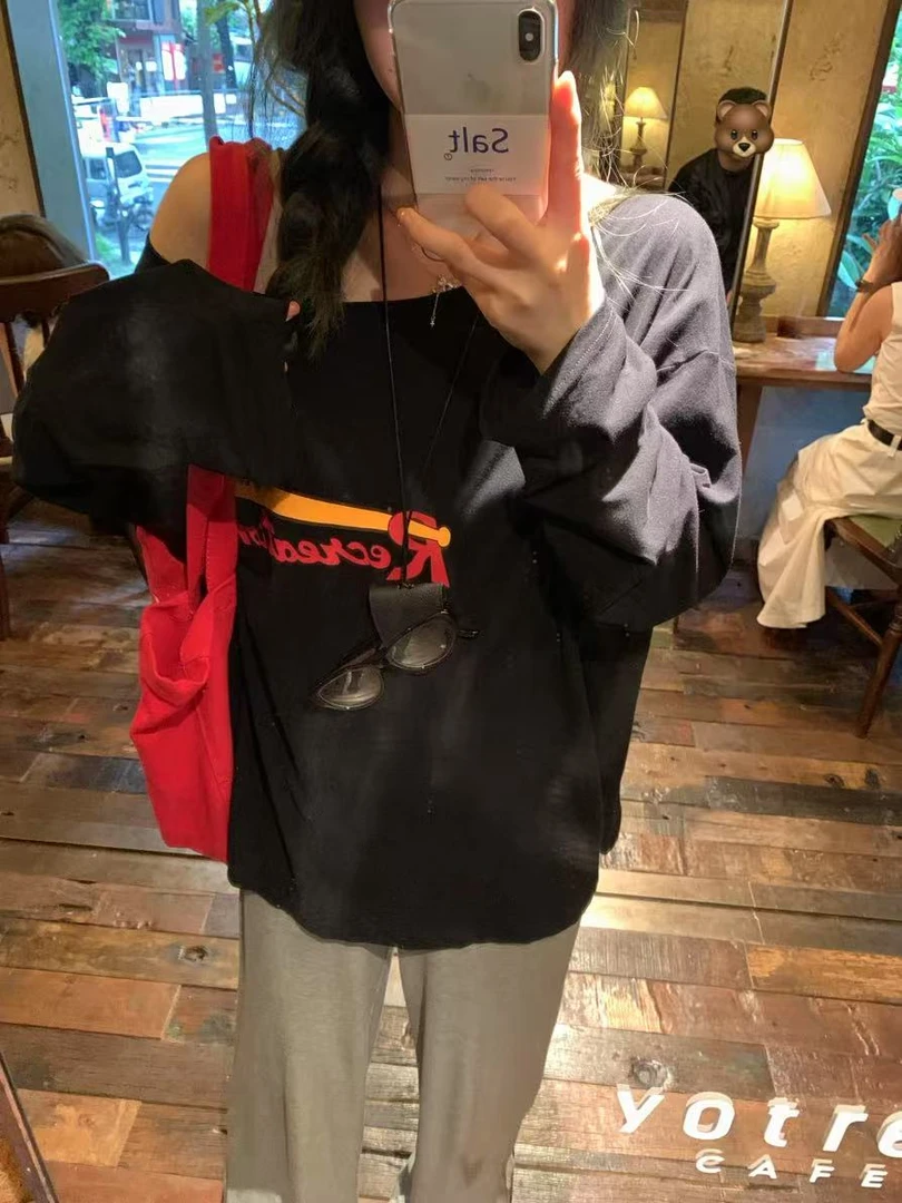 【YOU】棒球小鳄鱼 夏款雪花棉卡通印花斜肩长袖防晒宽松t   61166