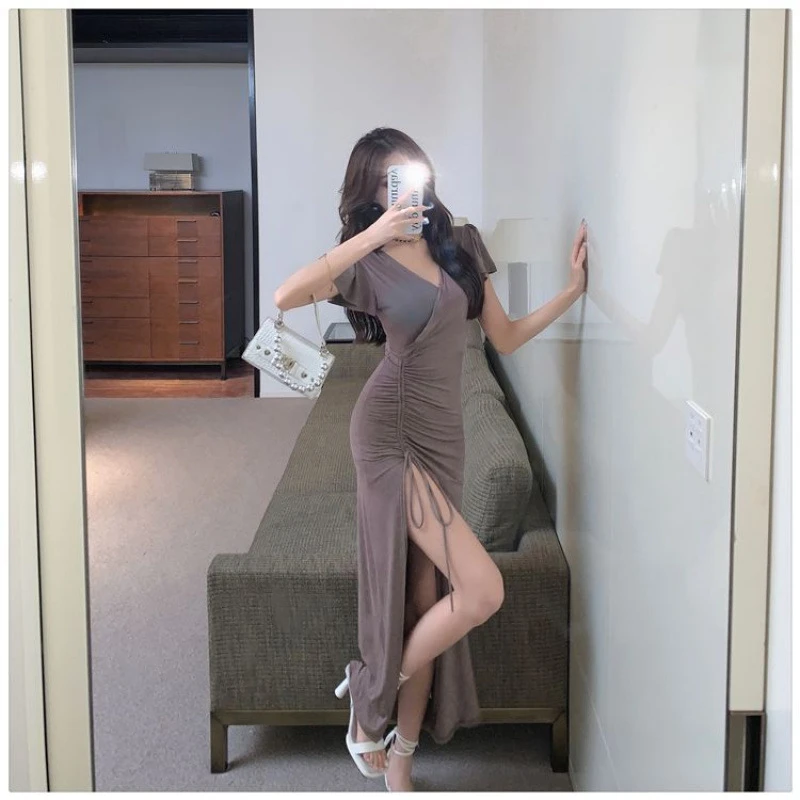 2025花间想新款2025大码复古性感抽绳开叉连衣裙女新款设计感修身