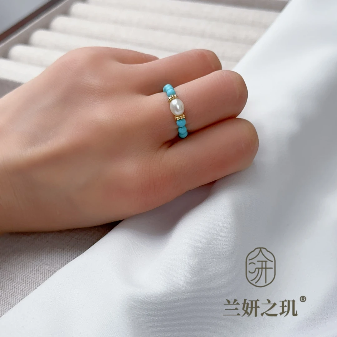 淡水珍珠 小绿松石珍珠戒指弹力 时尚珍珠指环手饰 8827
