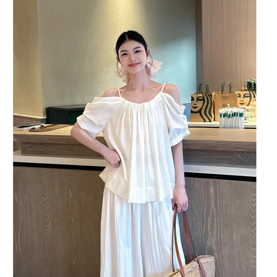 法式夏季纯欲慵懒风女装宽松露肩正反面设计穿法显瘦气质纯欲衫女