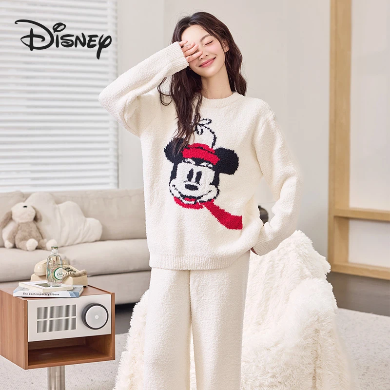 Disney/迪士尼秋冬新品保暖加厚长袖长裤半边绒女睡衣家居服套装