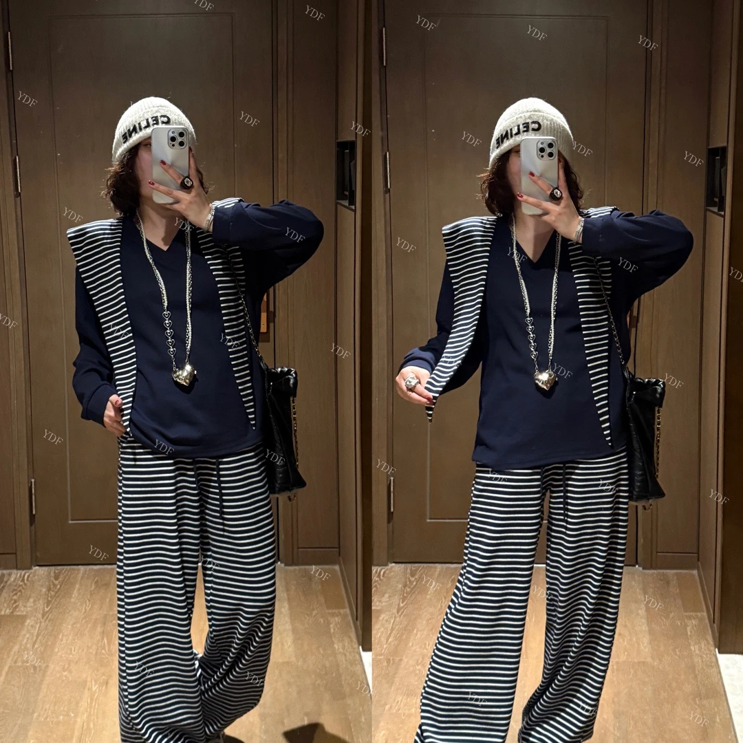 YDFSTUDIO小众【条纹碰撞】欧货条纹披肩设计V领打底+裤子三件套
