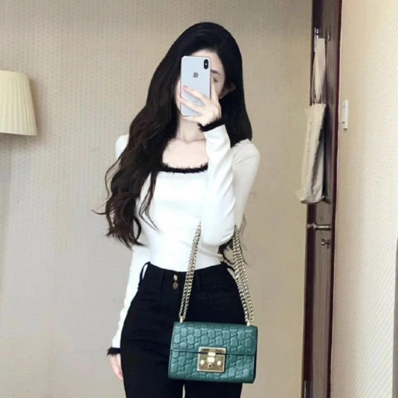 网红显瘦气质时尚小众设计感小香风上衣女装打底针织衫毛衣长袖纯