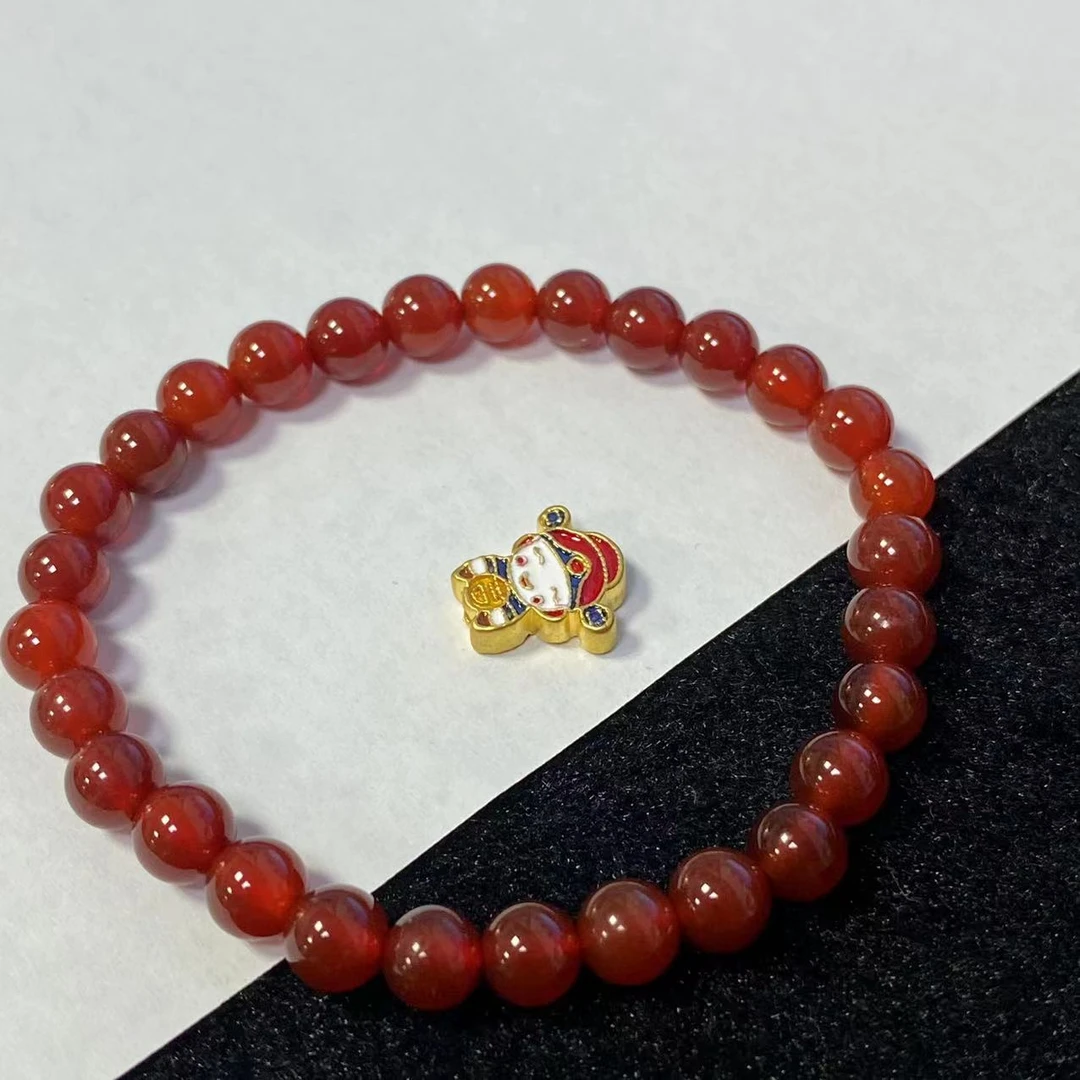 足金999双面烧蓝小财神首饰搭红玛 瑙手串A398