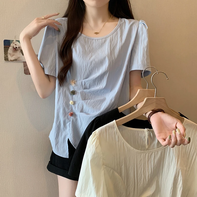 【涵胖胖】2025夏装新款胖mm大码女时尚百搭温柔风褶皱小衫20091【Q】