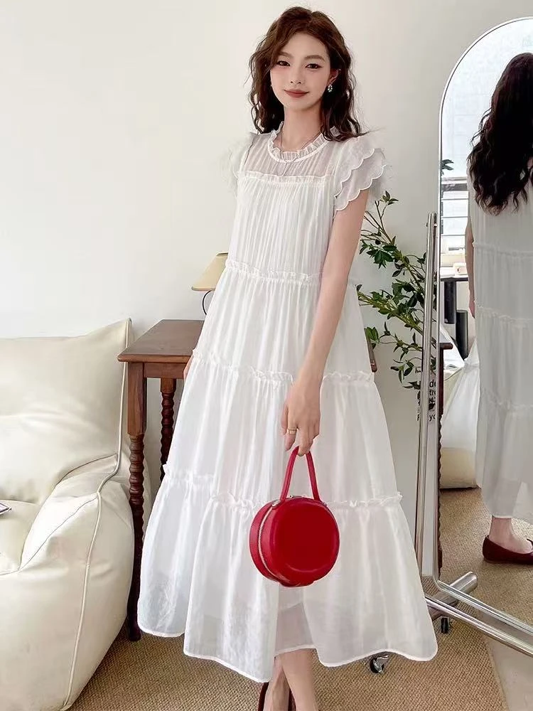 法式甜美减龄木耳边飞飞袖连衣裙女2025夏季新款设计感长裙H004
